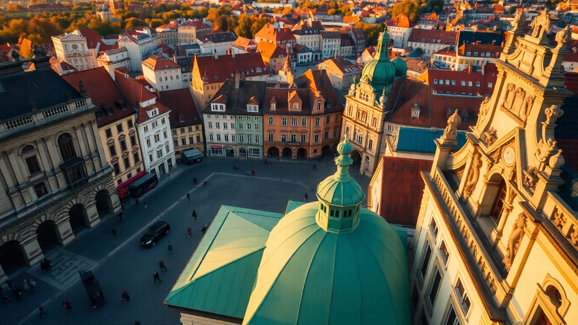 Plzeň za zlatého světla z ptačí perspektivy